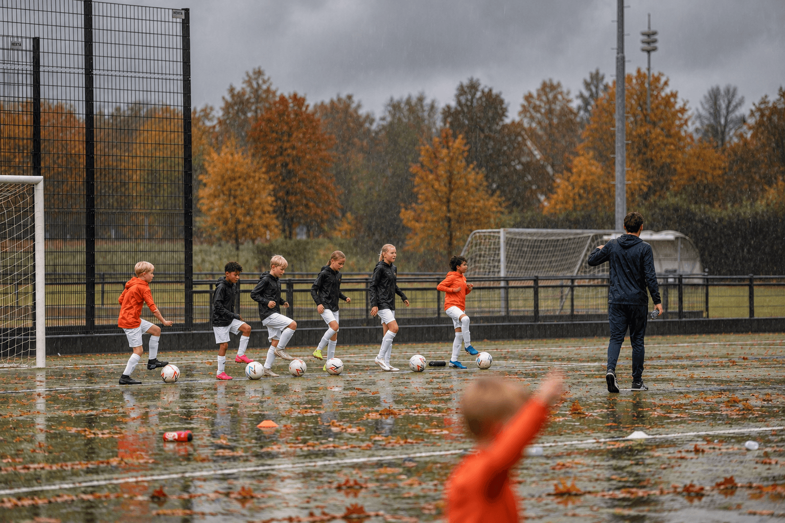 Jeugdtraining in de regen