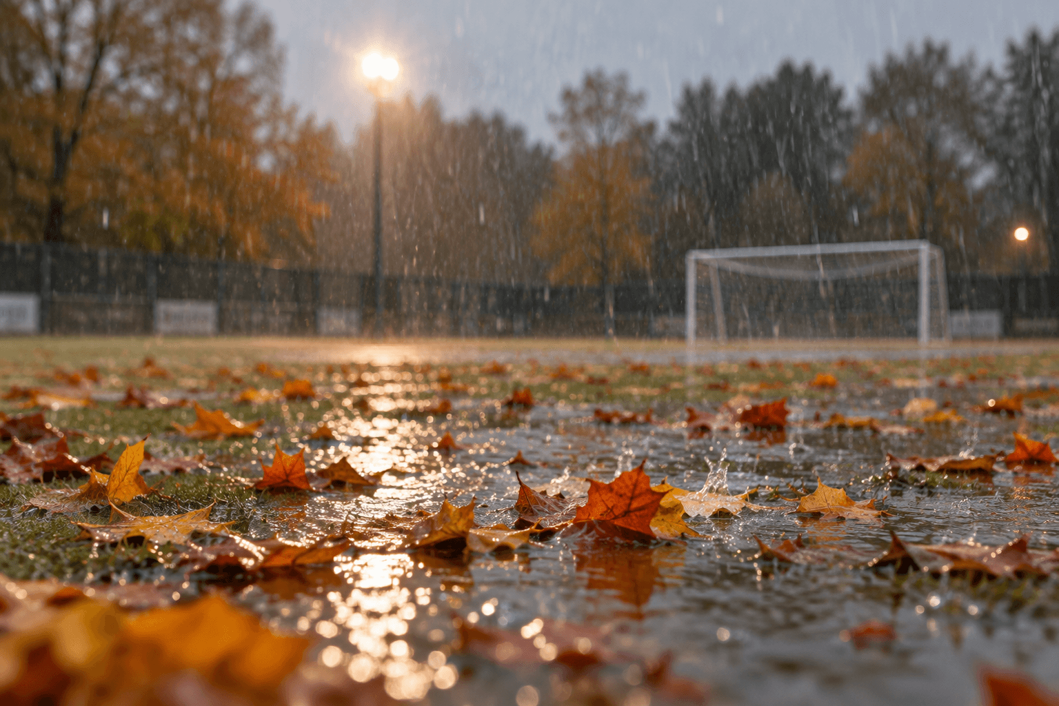 Regenachtige herfstdag op het voetbalveld