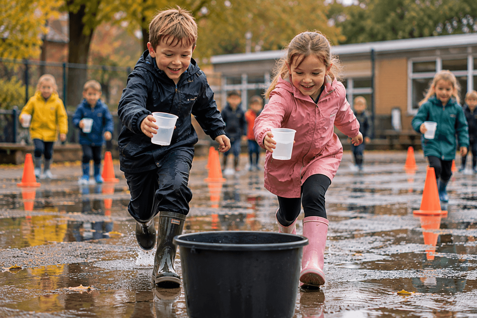 Waterestafette op het schoolplein